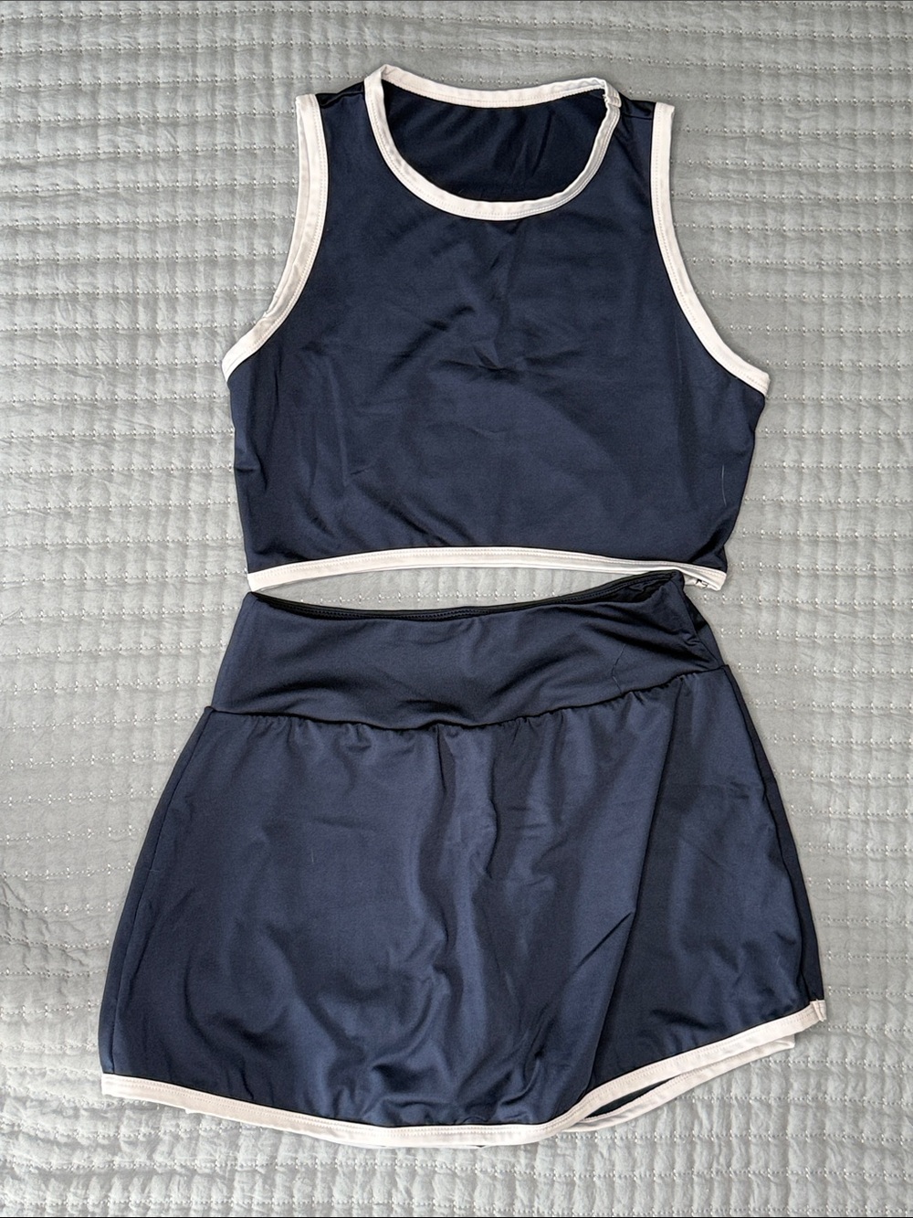 Navy Athletic Crop Top and Skirt Set with White Trim